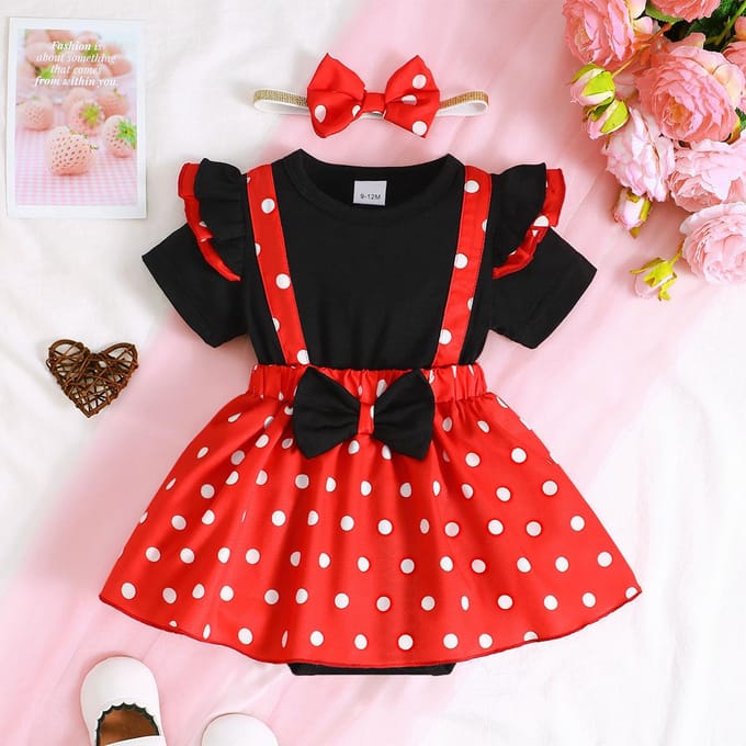 Robe d'été à manches courtes et imprimé pois pour bébé fille 0-1 an Ensemble décontracté 2 pièces avec bandeau 6-9M black