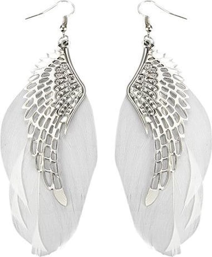 Fako Bijoux® - Oorbellen - Veren Met Vleugels - Wit