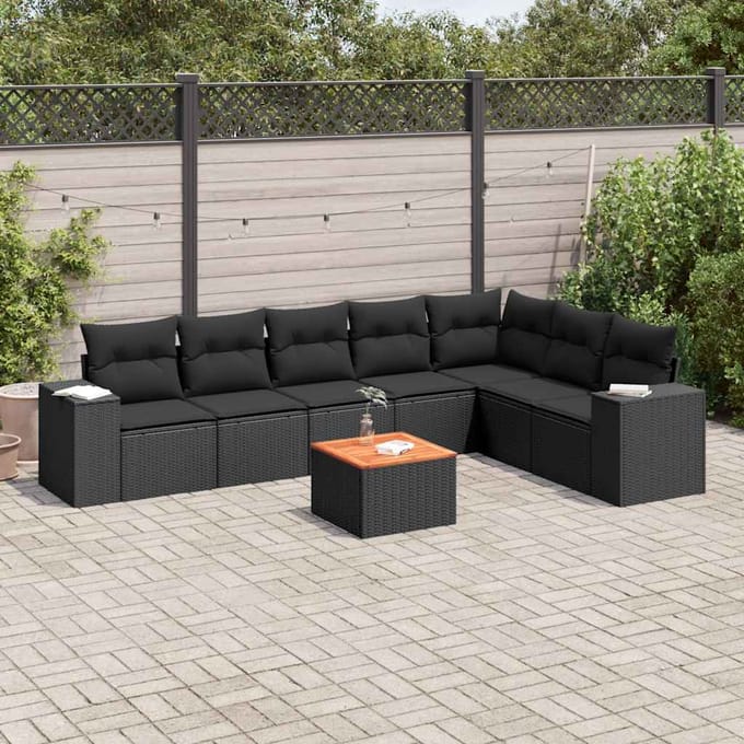 vidaXL - 8-delige - Loungeset - met - kussens - poly - rattan - zwart