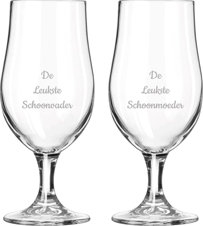 Gegraveerde bierglas op voet 49cl De Leukste Schoonvader-De Leukste Schoonmoeder