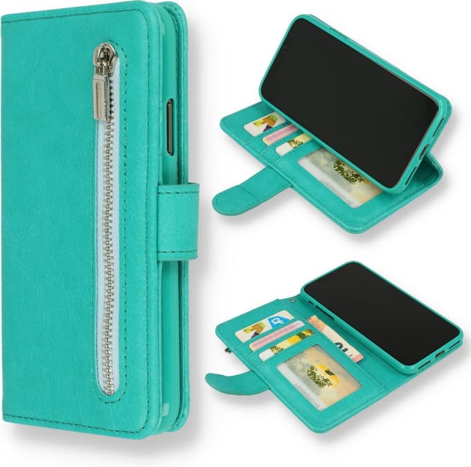 HB Hoesje Geschikt voor Apple iPhone 12 Mini - Turquoise - Luxe Kunstlederen Portemonnee Book Case met Rits