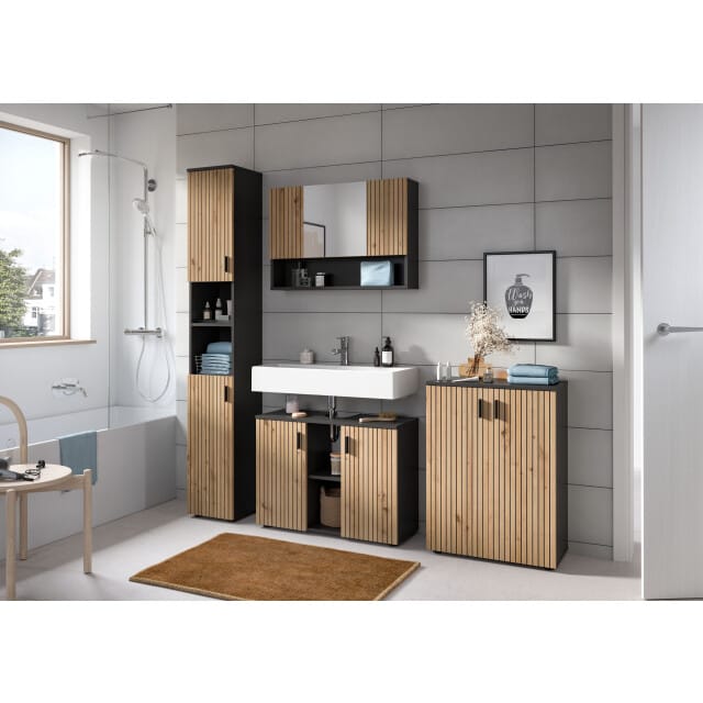 Moderne Badcombinatie Basalt en Eik - Compacte Wastafel en Spiegelkast Set - 80x180x30cm