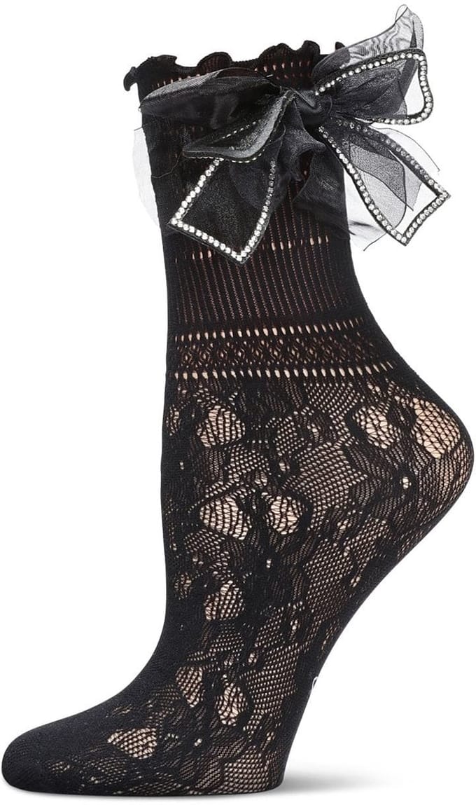 MeMoi Luxe Netkousen Dames met Strass Strikje Elegante Kant Look Crew Socks 1 Paar