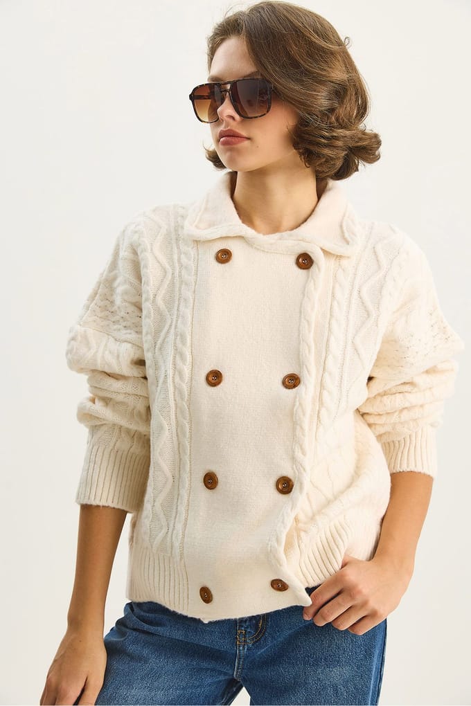 Geribbeld Gebreid Cardigan met Knoopsluiting