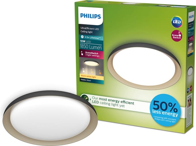 Philips Pebblo plafondlamp - Ultra Efficient - SceneSwitch lichttechnologie - 10W - warmwit licht - wit met goud design - Bespaar op energiekosten