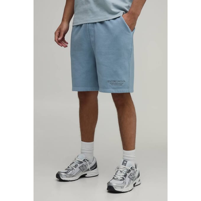 Relaxed Fit Washed Embroidered Shorts | Slate Blue | Size Medium