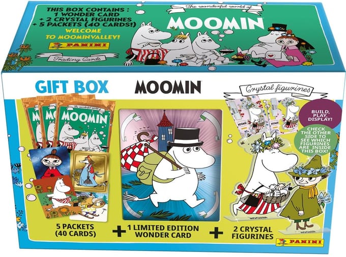 Panini muminki coffret cadeau boîte 5 sachets = 40 cartes + 2 figurines en cristal