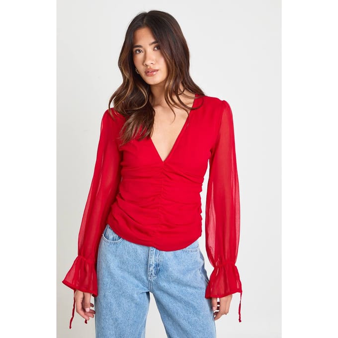 boohoo Dames Chiffon Blouse Met Strikmanchetten | Rood | Maat: 34