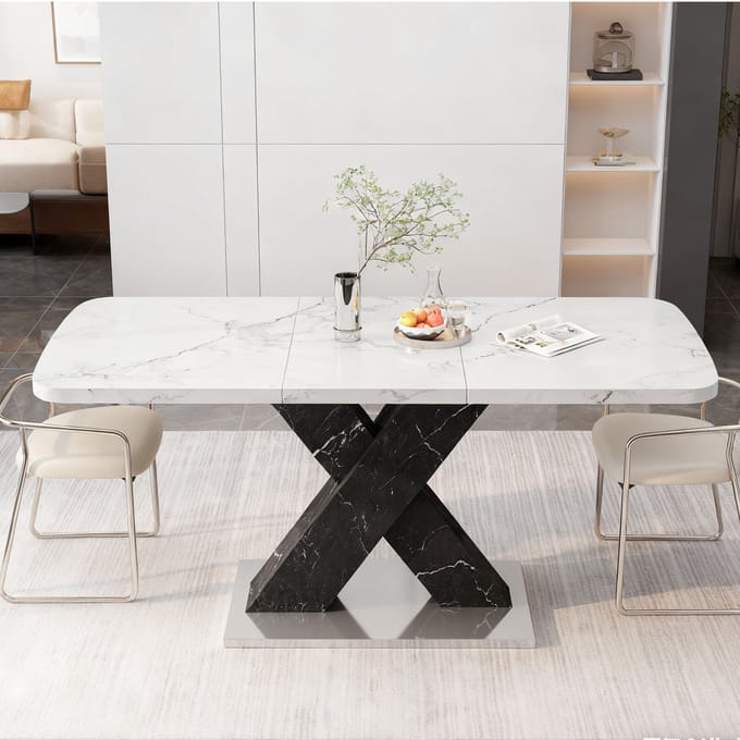 MODENUIT Eettafel - Uitschuifbaar Rechthoekig - Voor Eetkamer - Wit-Zwart - MDF Staal - 120-160x80x76,5 Cm