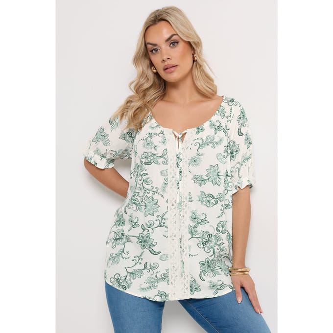 Yours Groene Gehaakte Top Met Bloemenprint Size 44