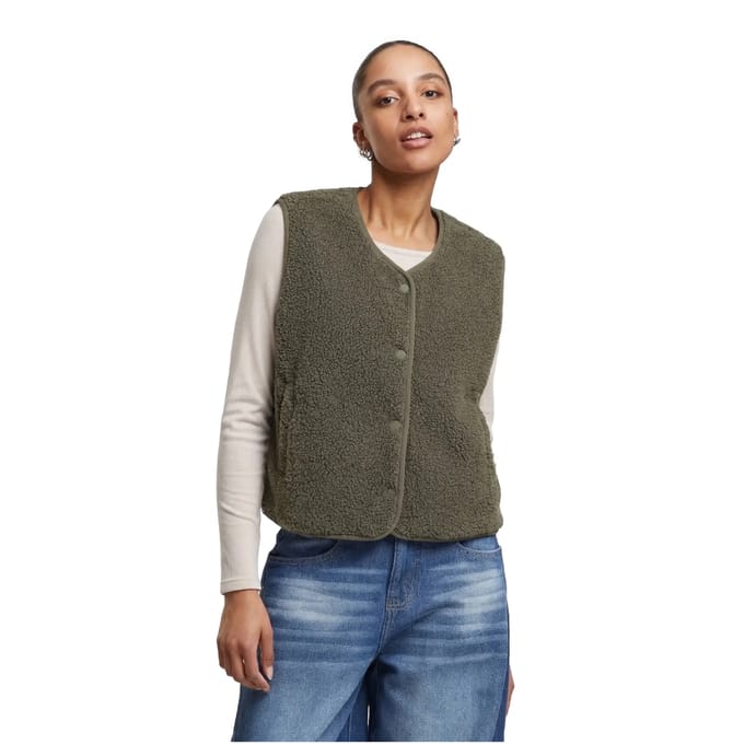 Urban Classics - Buttoned Teddy Mouwloos jacket - M - Olijfgroen