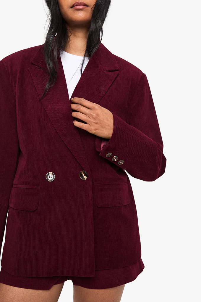 boohoo Dames Courdoroy Op Maat Gemaakte Blazer | Bordeaux Rood | Maat: 38