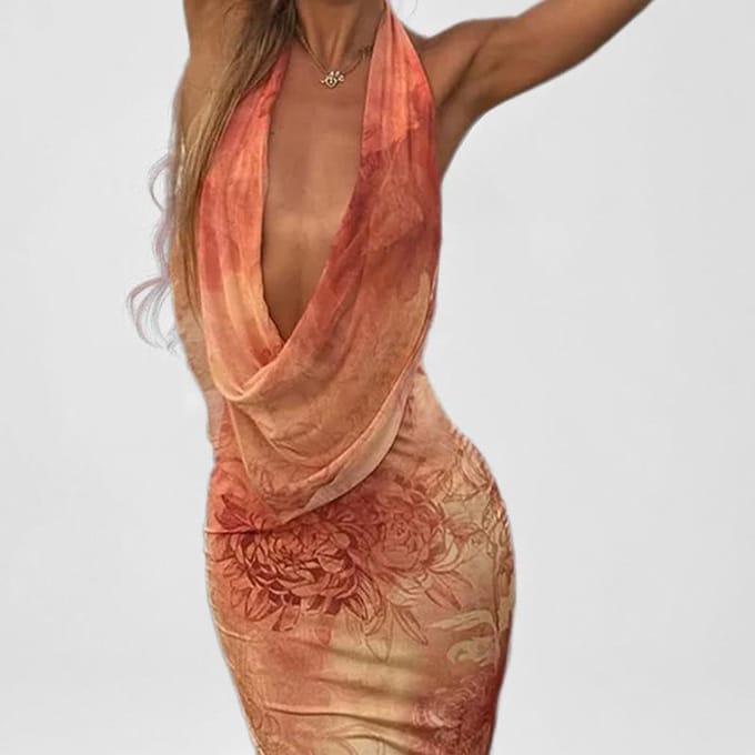Nieuwe Dames Bedrukte Nek Halter Temperament Elegant Heupomsluitende Nek Slanke Jurk 3XL brown