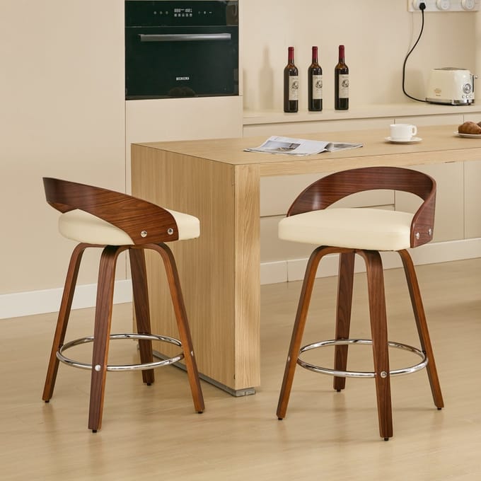 Barkrukken - Set van 2 - Zithoogte 63 cm - Lage Rugleuning - Hout en Textiel - Beige