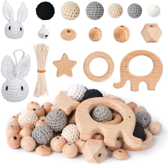 Houten kralen en ringen, kralen voor macramé, doe-het-zelf knutselset.