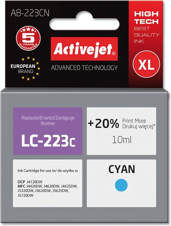 Ink Activejet AB-223CN (replacement Brother LC223C; Supreme; 10 ml; Cyan)