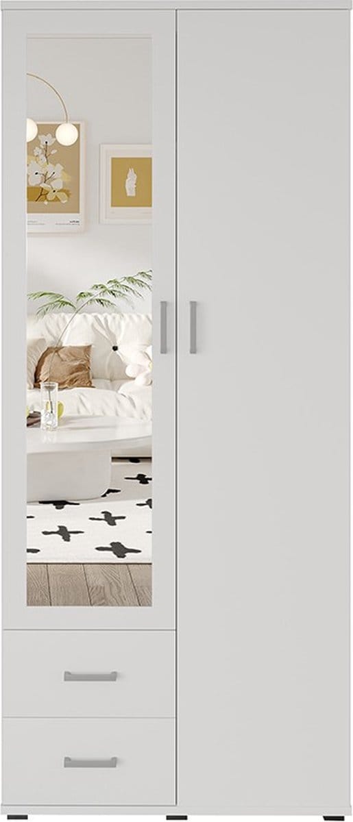 Interiax Kledingkast 'Lena' – 2 Deuren, 2 Lades, 1 Hanger, Spiegel & 1 Legplank | Wit | 185x80x52cm
