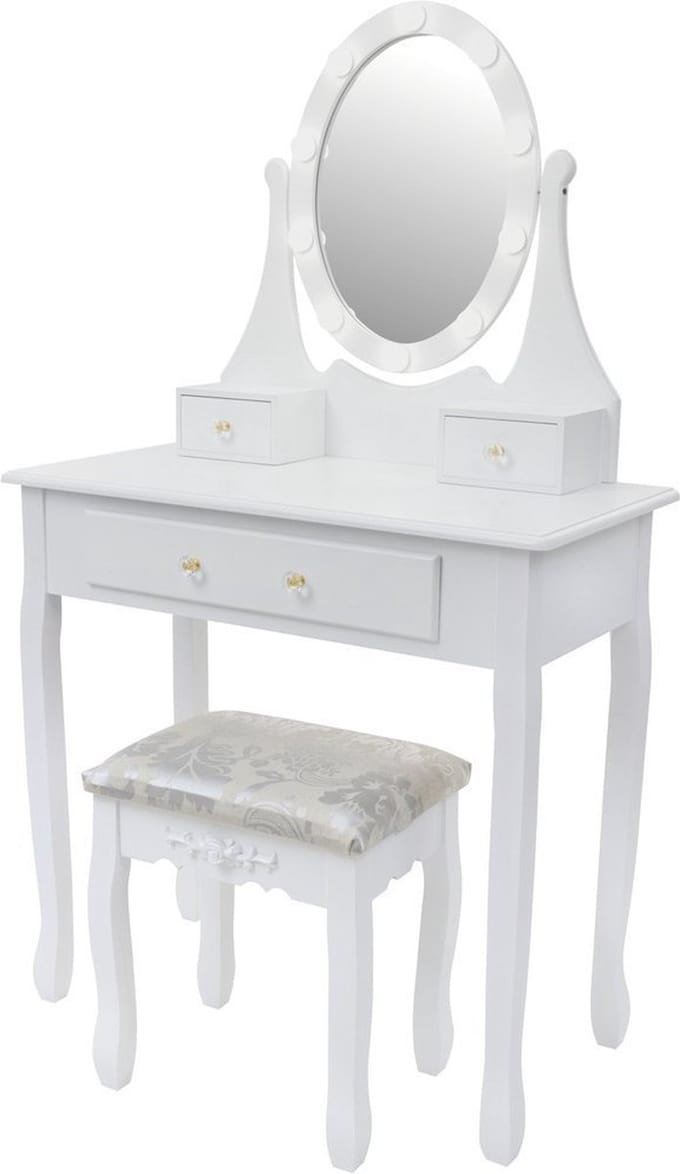 Kaptafel met spiegel - 80x40x137 cm - met LED verlichting en krukje - wit