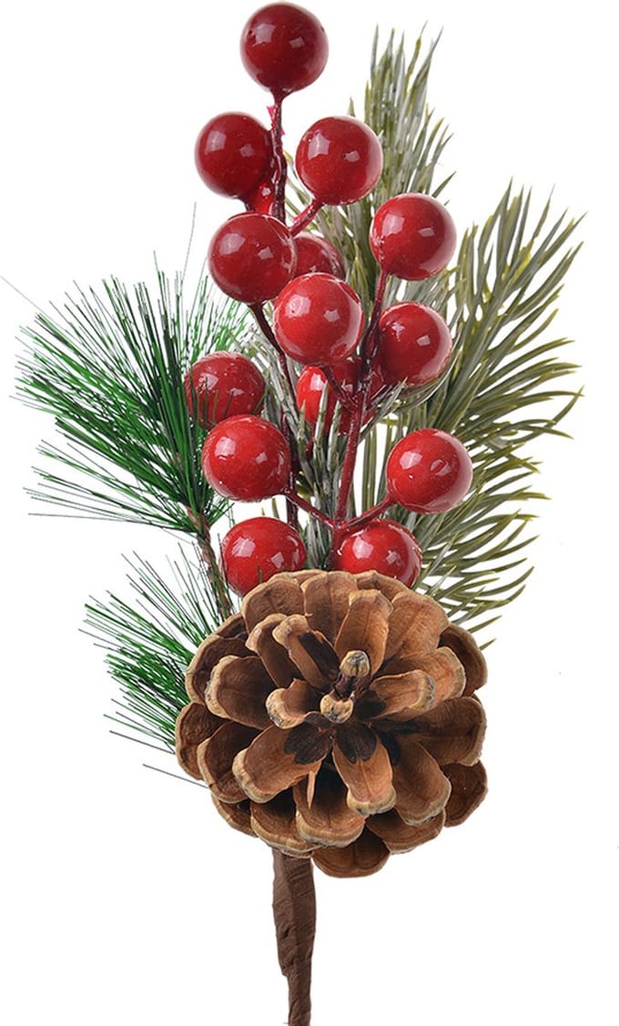 Clayre & Eef Decoratie Tak 25 cm Rood Groen Kunststof Dennenappels