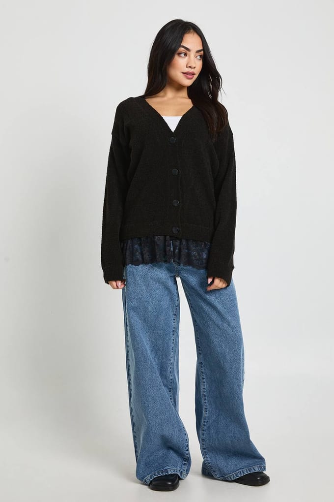 boohoo Dames Gebreid Vest met Kanten Zoom | Black | Maat: Medium