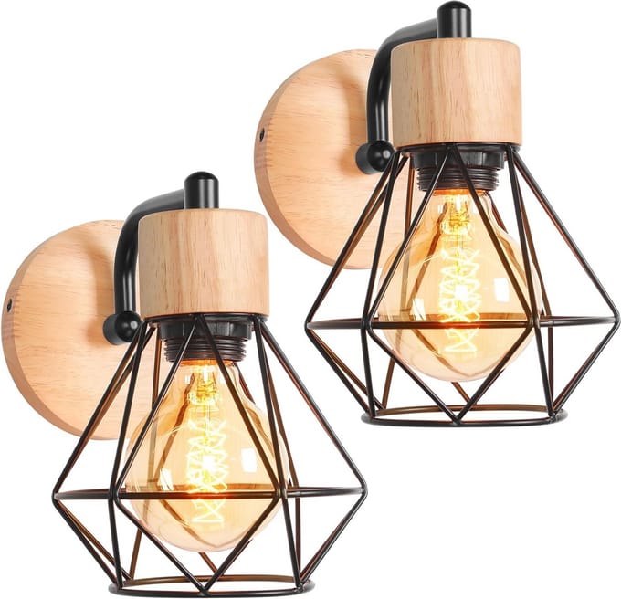 Set van 2 Vintage Industriële Wandlampen - Verstelbare Metaal en Hout Design