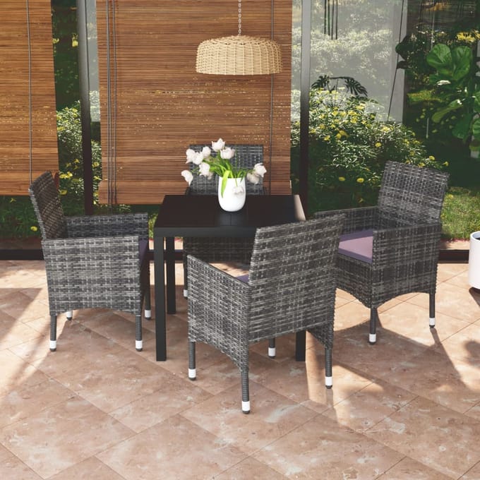 vidaXL - 5-delige - Tuinset - met - kussens - poly - rattan - grijs