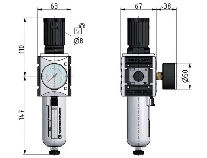Filter-Regulator G1/2'' 5200l/min 0.5-10.0bar/7-145psi Semi-Auto Polycarbonaat Futura 2