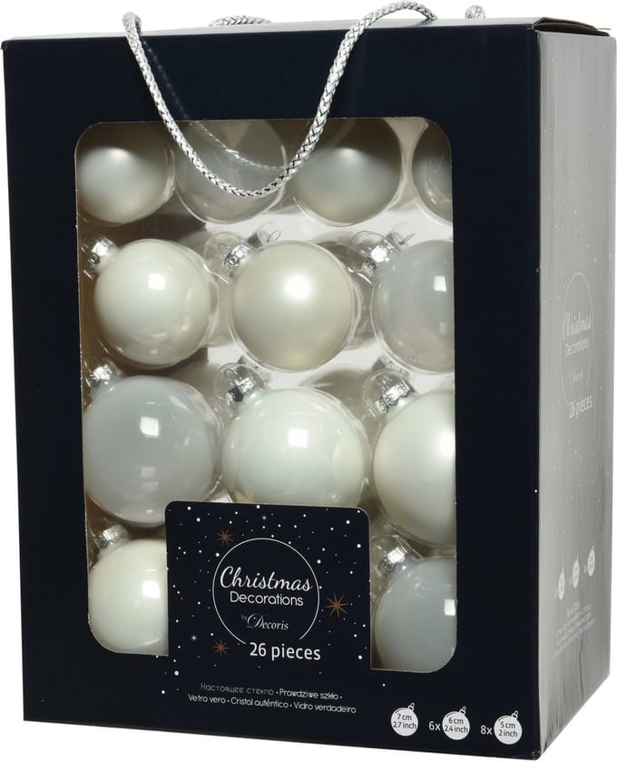 Decoris Kerstballen - 26 stuks - glas - wit - 5-6-7 cm