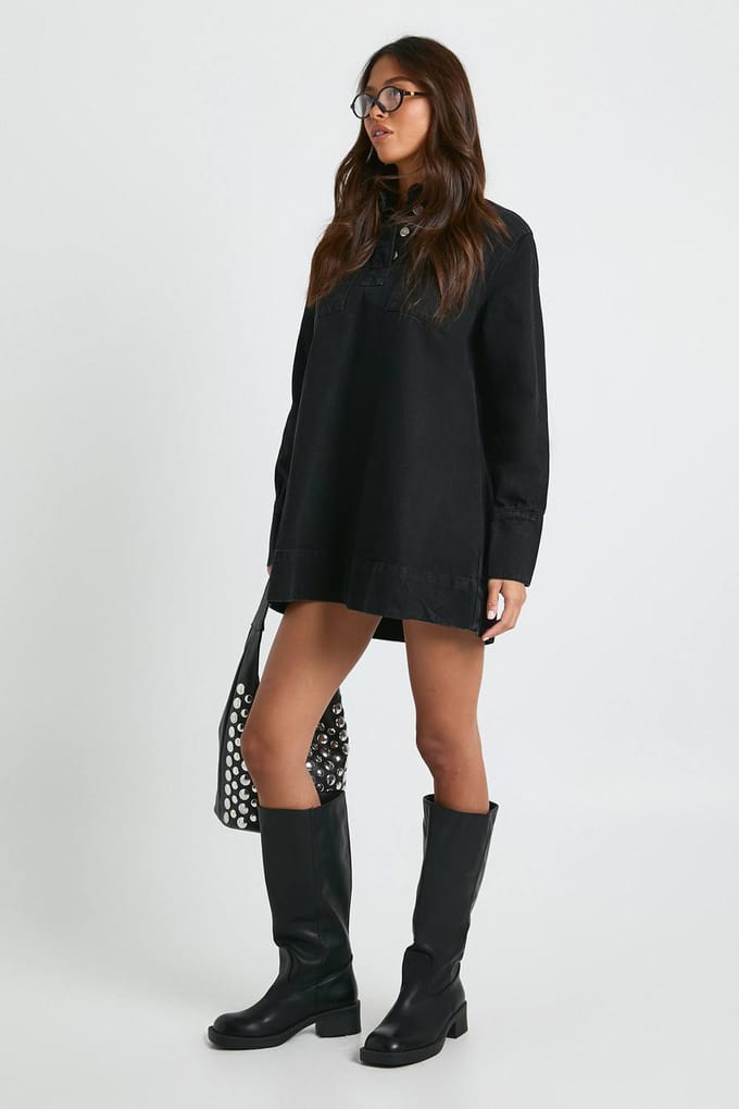 boohoo Dames Denimjurk met lange mouwen | Washed Black | Maat: 8