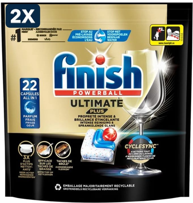 2 x Finish Ultimate Plus Vaatwastabletten Regular - 22 stuks
