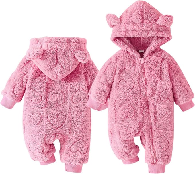 Warme Fleece Romper met Capuchon en Berenoren voor Baby's (0-18 Maanden)