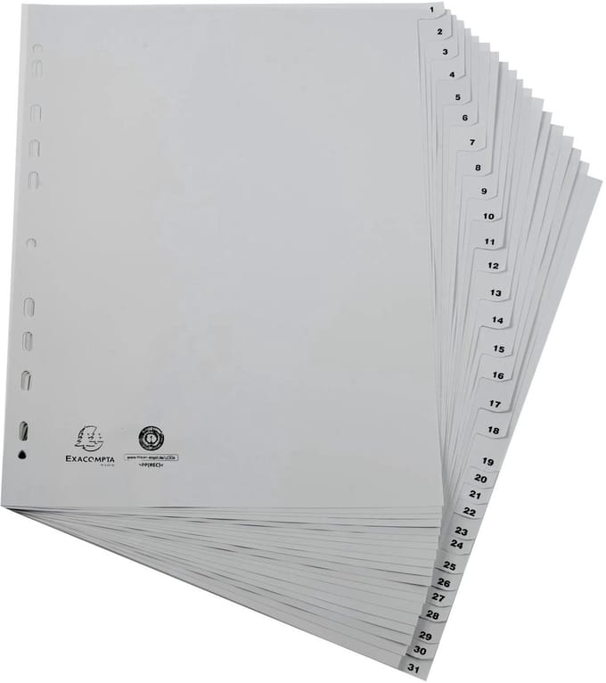 Exacompta 5x Tabbladen met bedrukte tabs in gerecycled PP - 31 tabs - 1 tot 31 - A4 maxi - Grijs - 2931E