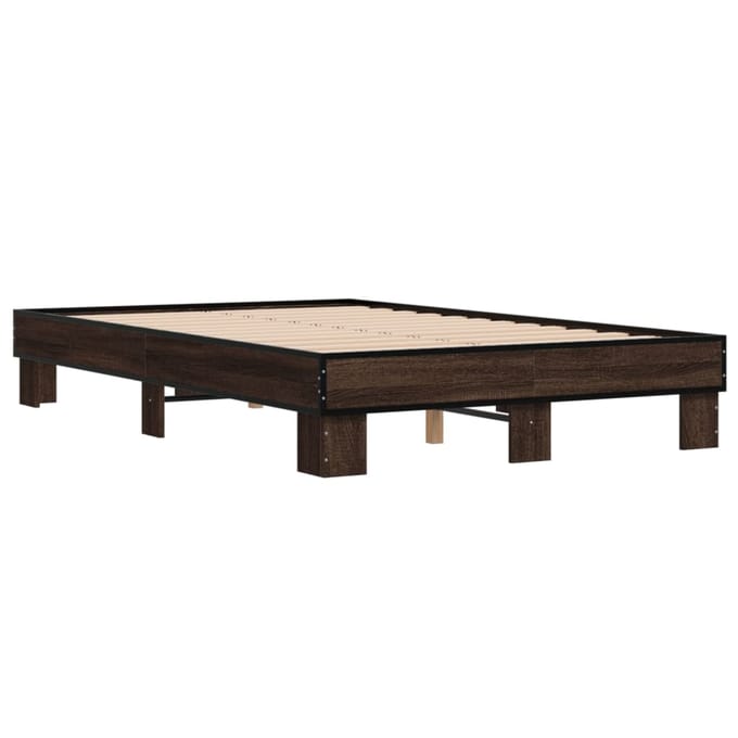 vidaXL - Bedframe - bewerkt - hout - metaal - bruin - eikenkleur - 135x190 - cm
