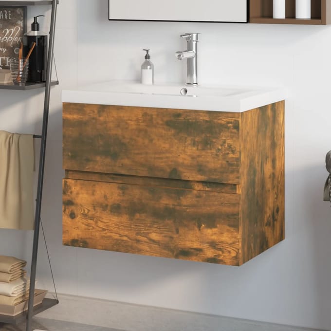 vidaXL - Wastafelkast - met - ingebouwde - wasbak - bewerkt - hout - gerookt - eiken