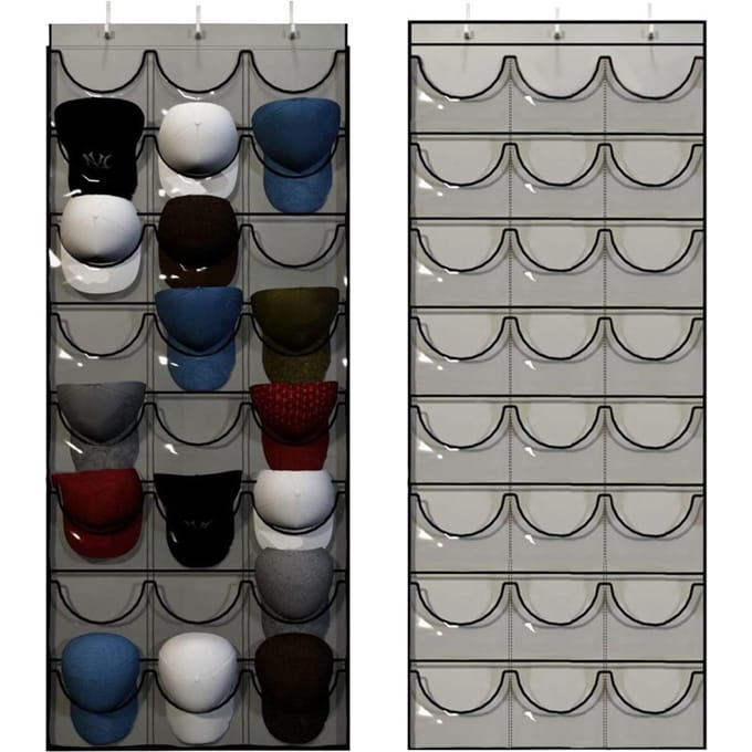 24 Zakken Hoedenrek voor Baseball Hoeden Organizer Hangende Hoeden Opberg Houder voor Kast Muur Shell gray