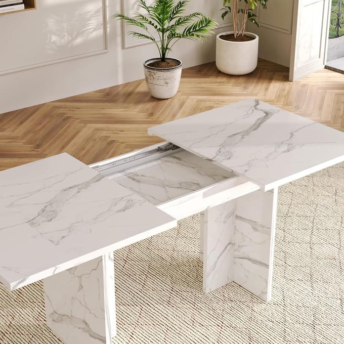 Eettafel Uitschuifbaar - Eetkamertafel - Gezellig Tafelen - Verstelbare Lengte - 180 cm - Wit Marmer