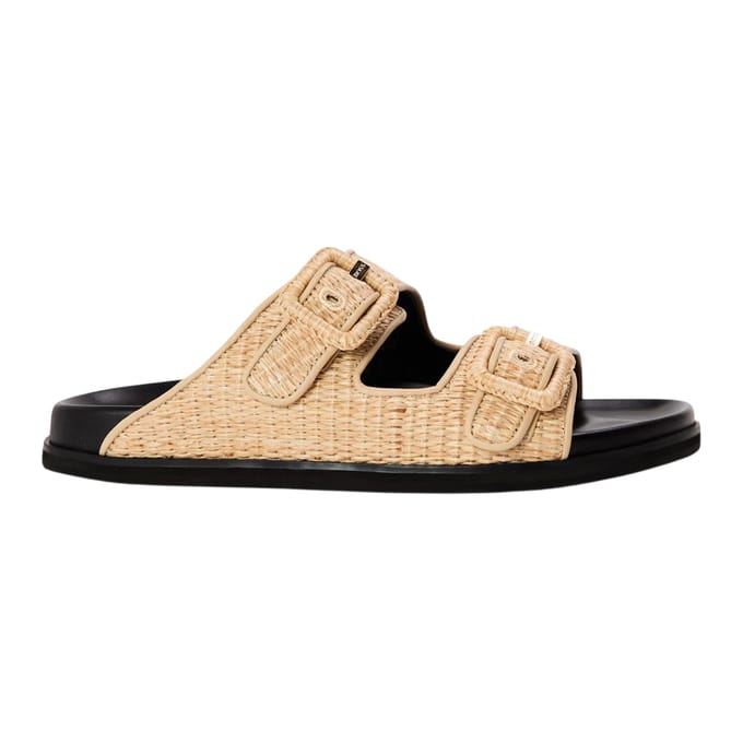 Boss Dames Freyah Raffia Dubbele Gesp Platte Slippers (Licht Beige)