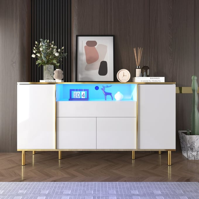 BLACKCOLORS Dressoir, hoogglanzend wit dressoir met 1 lade, dressoir, slaapkamerdressoir, hoogglanzend wit dressoir – B150/D40/H80cm
