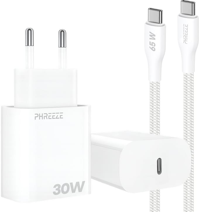 Phreeze usb C snellader 30W met usb C naar usb C kabel 1 meter - Gevlochten Wit