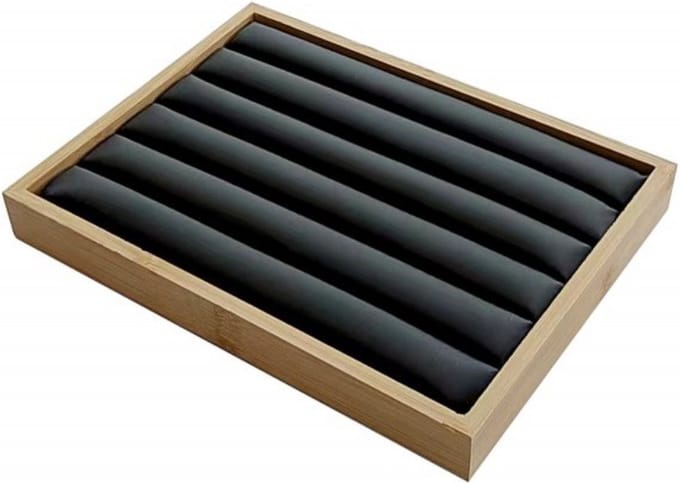 Houten ringen display met lederlook inleg 25x19x2,3cm