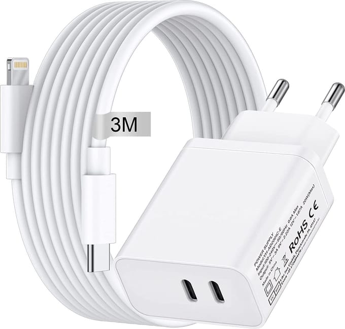 Oplader kabel geschikt voor iPhone 12 Pro Max 13 Pro Max 14 Pro Max - Usb C naar Lightning Kabel 3 Meter - Usb C Adapter 35w GaN - Snellader Extra Lange Kabel