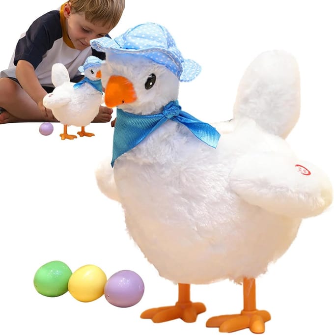 Muzikale Kip Pluche - Zingend Dier - Kinderen Spel - Inclusief 3 Eieren - 28x20x16 cm - Geel Wit