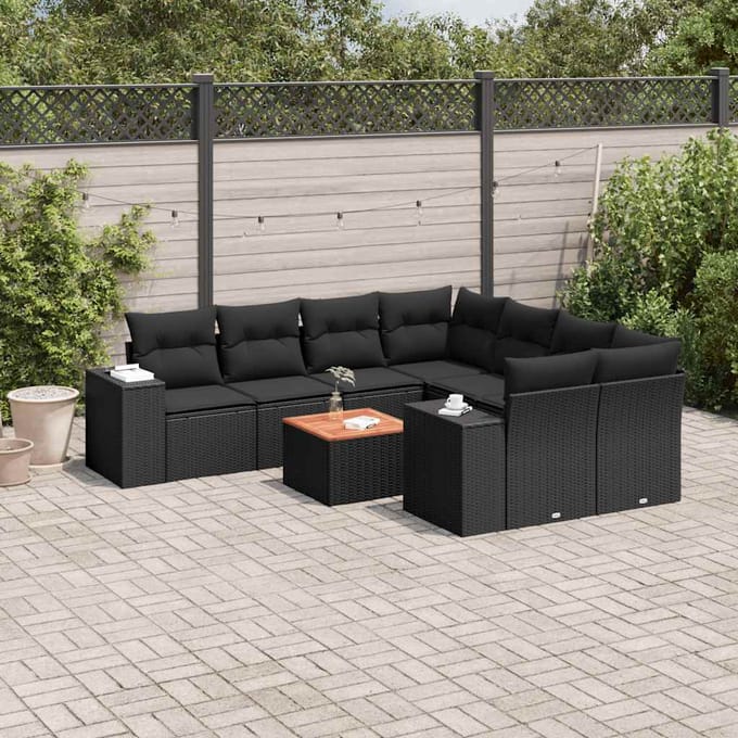 vidaXL - 9-delige - Loungeset - met - kussens - poly - rattan - zwart