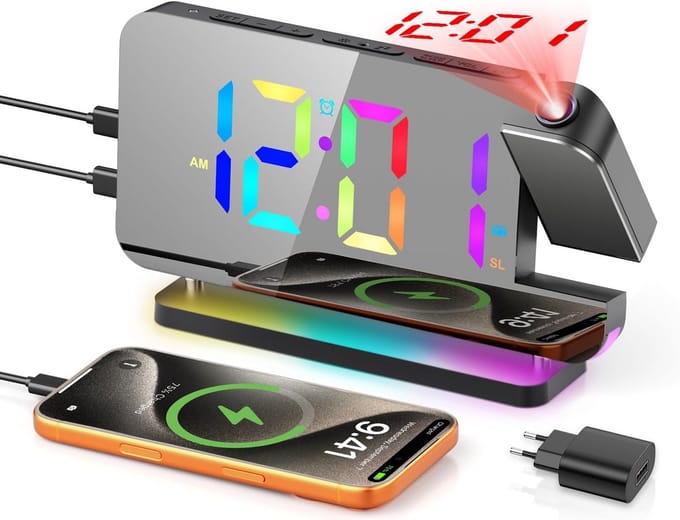 Plafondwekker met RGB Projectie - Met Radio, USB-Oplader en 2 Alarmen