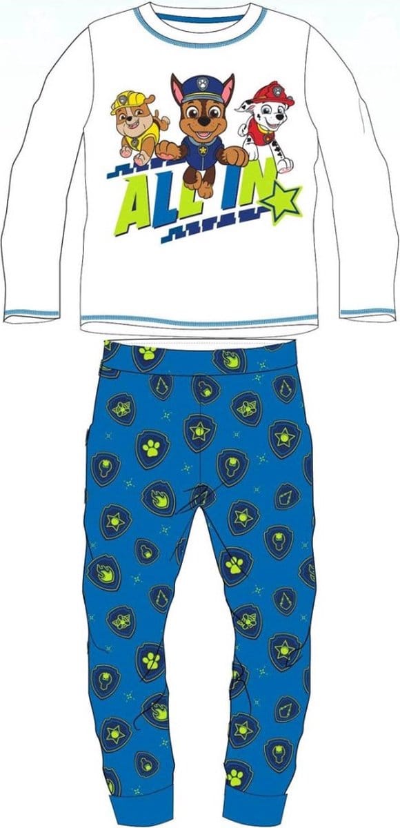 Paw Patrol Pyjama - Maat 128 - Wit met blauw - 100% katoen