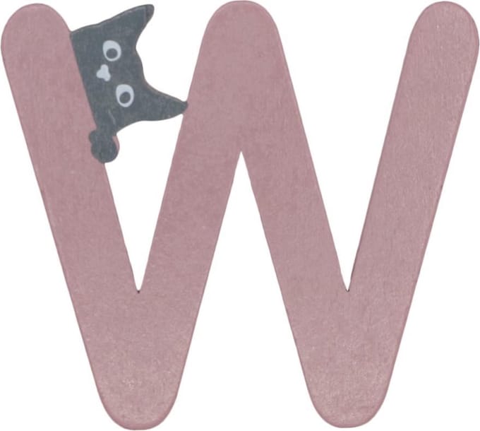 Houten Letter W Roze met Kat | 9 cm