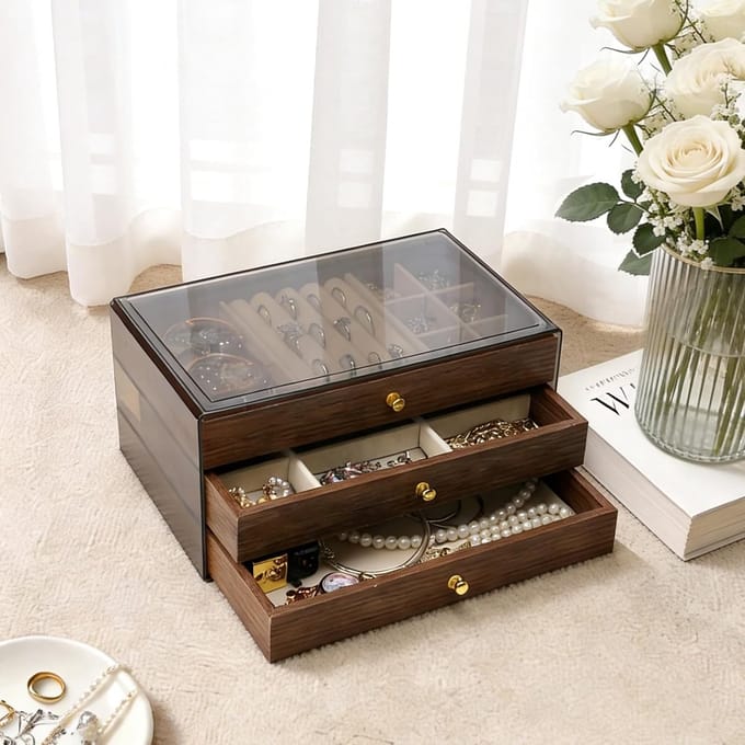 Juwelendoos Groot - Sieraden Organizer - Sieraden Opbergen - Drie Laden Acryl - Niet Gespecificeerd - Bruin