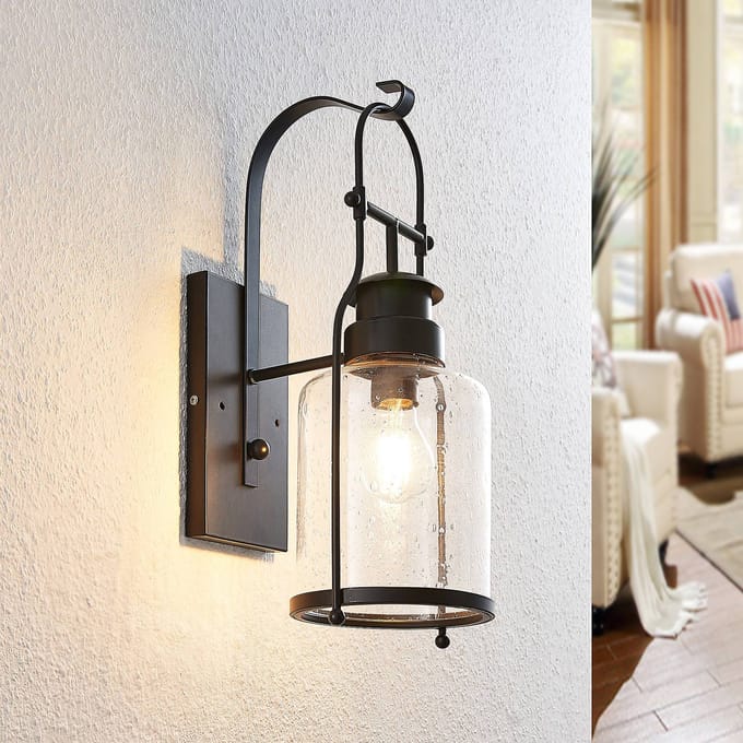 Lindby - wandlamp - 1licht - Metaal, glas - H: 44 cm - E27 - matzwart, transparant