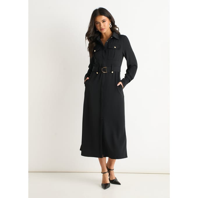 Zwarte luxe gouden knoop utility shirtjurk