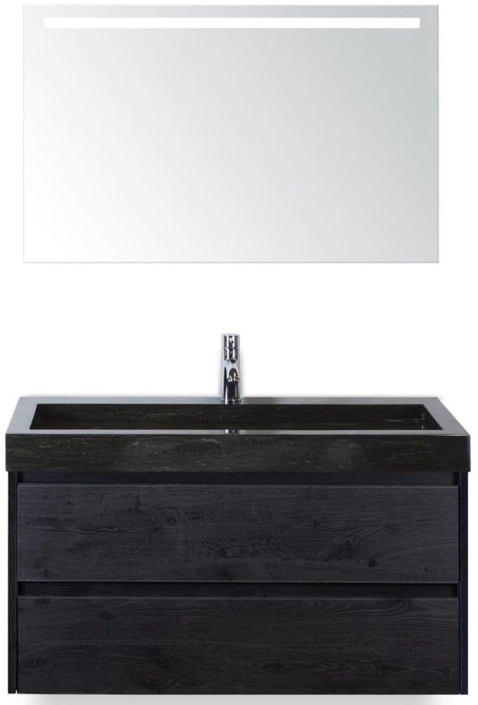 Dante Badmeubelset 100 cm - Black Oak - Wastafel Hardsteen Wit Lucca met Sence Spiegel